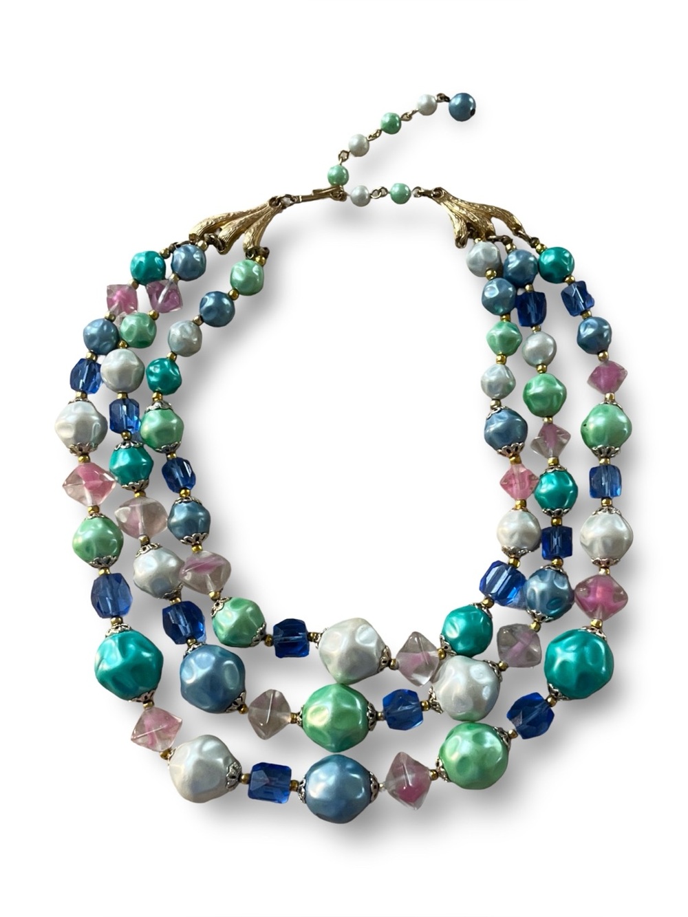 Vintage TARA Mid-Century Triple Strand Moonglow Lucite Bead Necklace Pastel